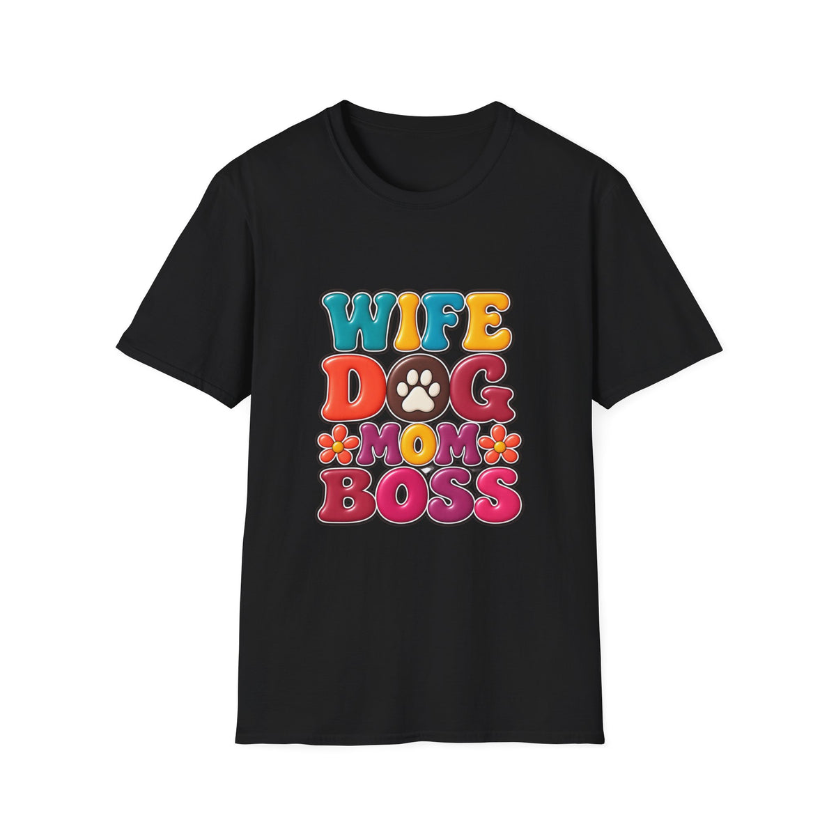 "Wife Dog Mom Boss" Colorful Paw Print Tee