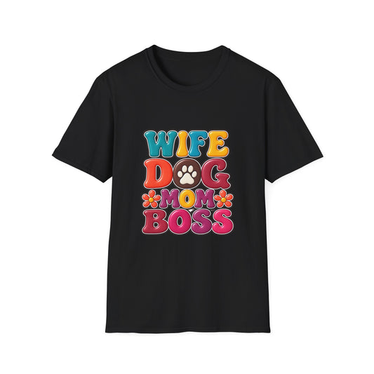 "Wife Dog Mom Boss" Colorful Paw Print Tee