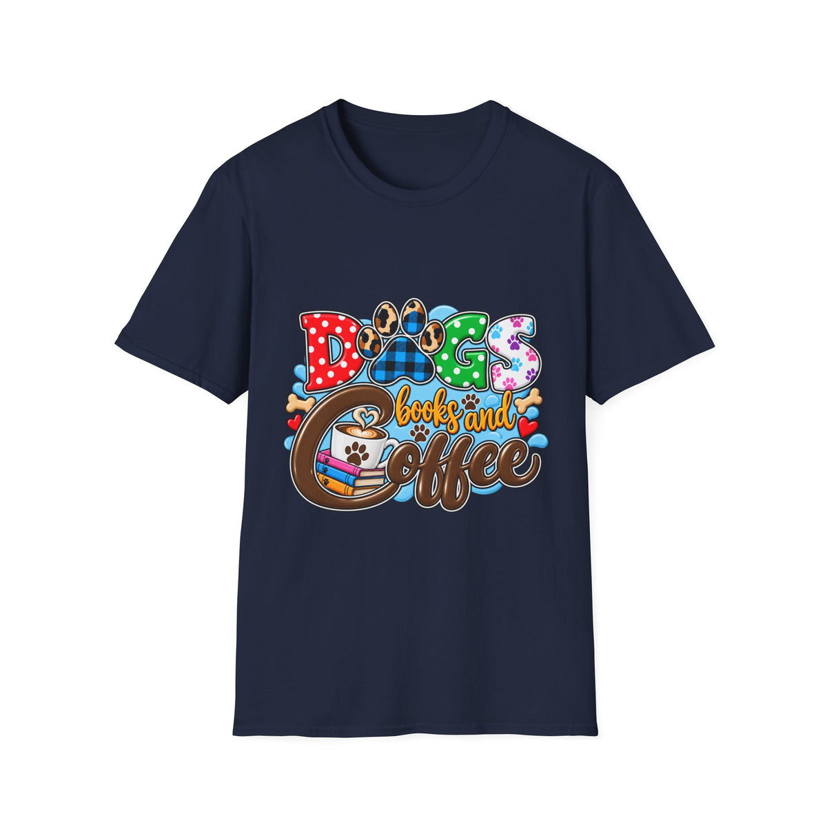 Dog Mom T-Shirt — "Dogs, Books and Coffee"