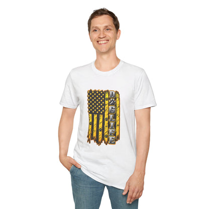 JCB Life Graphic T‑Shirt — Distressed Yellow American Flag Tractor Pride