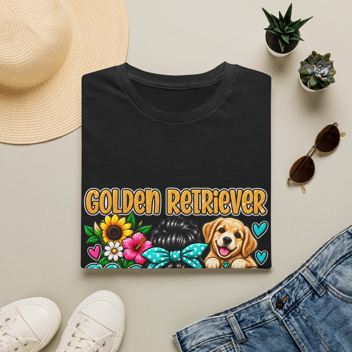 Golden Retriever Mom T-Shirt — Floral Messy Bun Dog Lover Tee