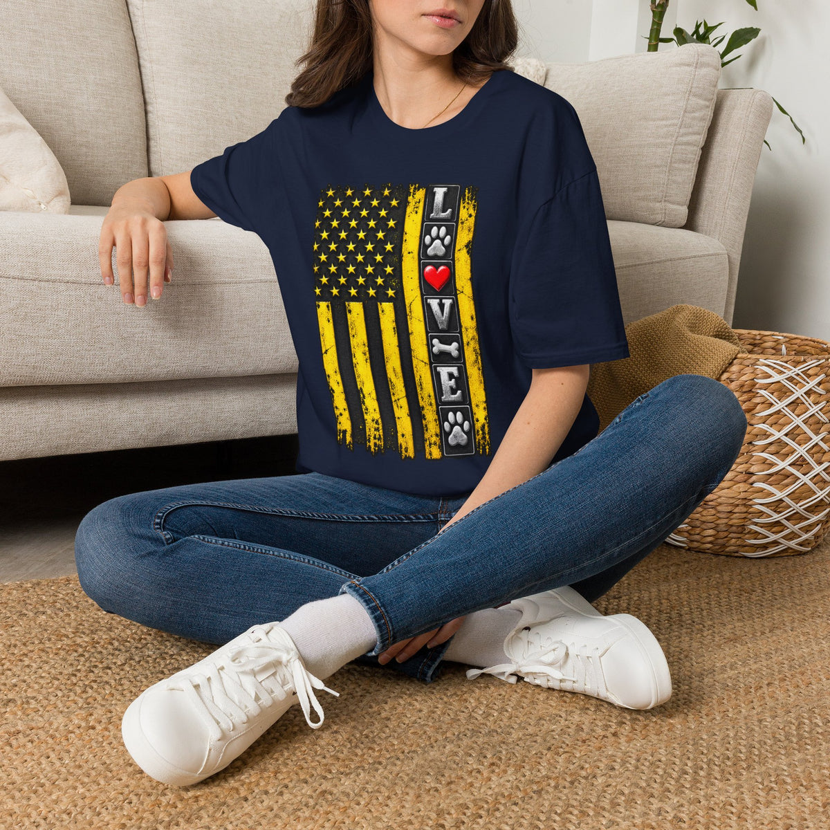 Love Paw Flag T-Shirt — Yellow Distressed American Flag with Paw Print & Heart