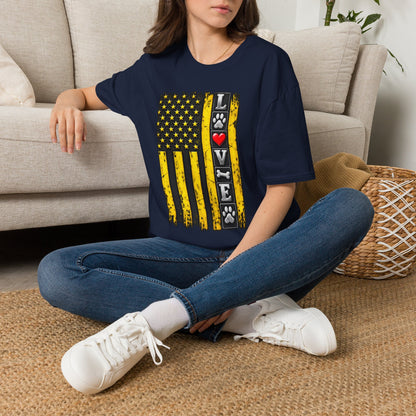 Love Paw Flag T-Shirt — Yellow Distressed American Flag with Paw Print & Heart