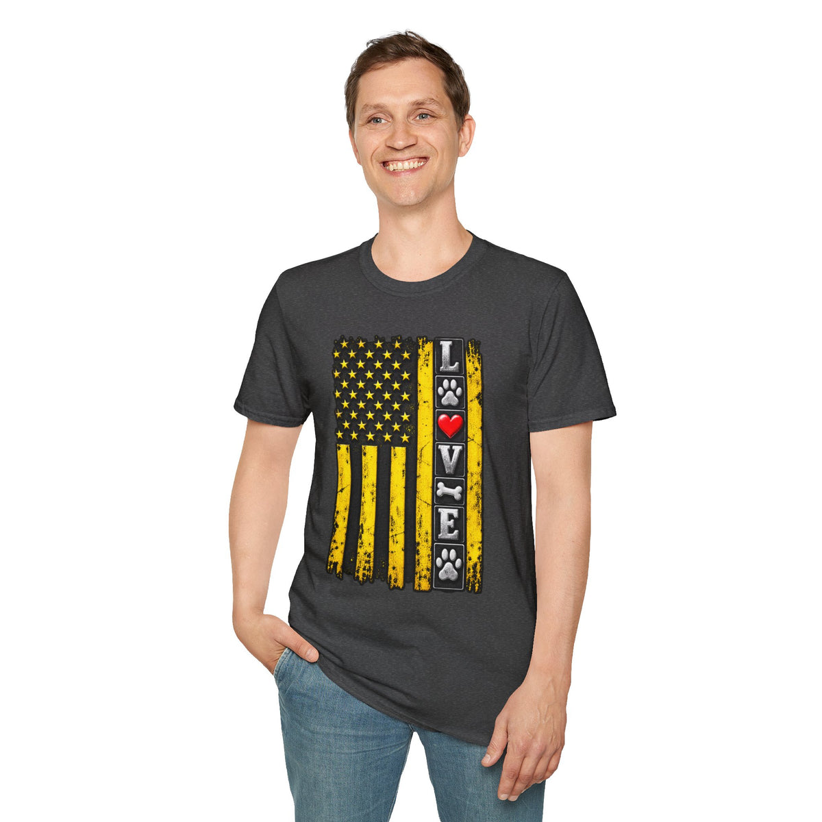 Love Paw Flag T-Shirt — Yellow Distressed American Flag with Paw Print & Heart