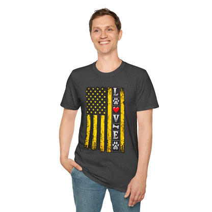 Love Paw Flag T-Shirt — Yellow Distressed American Flag with Paw Print & Heart
