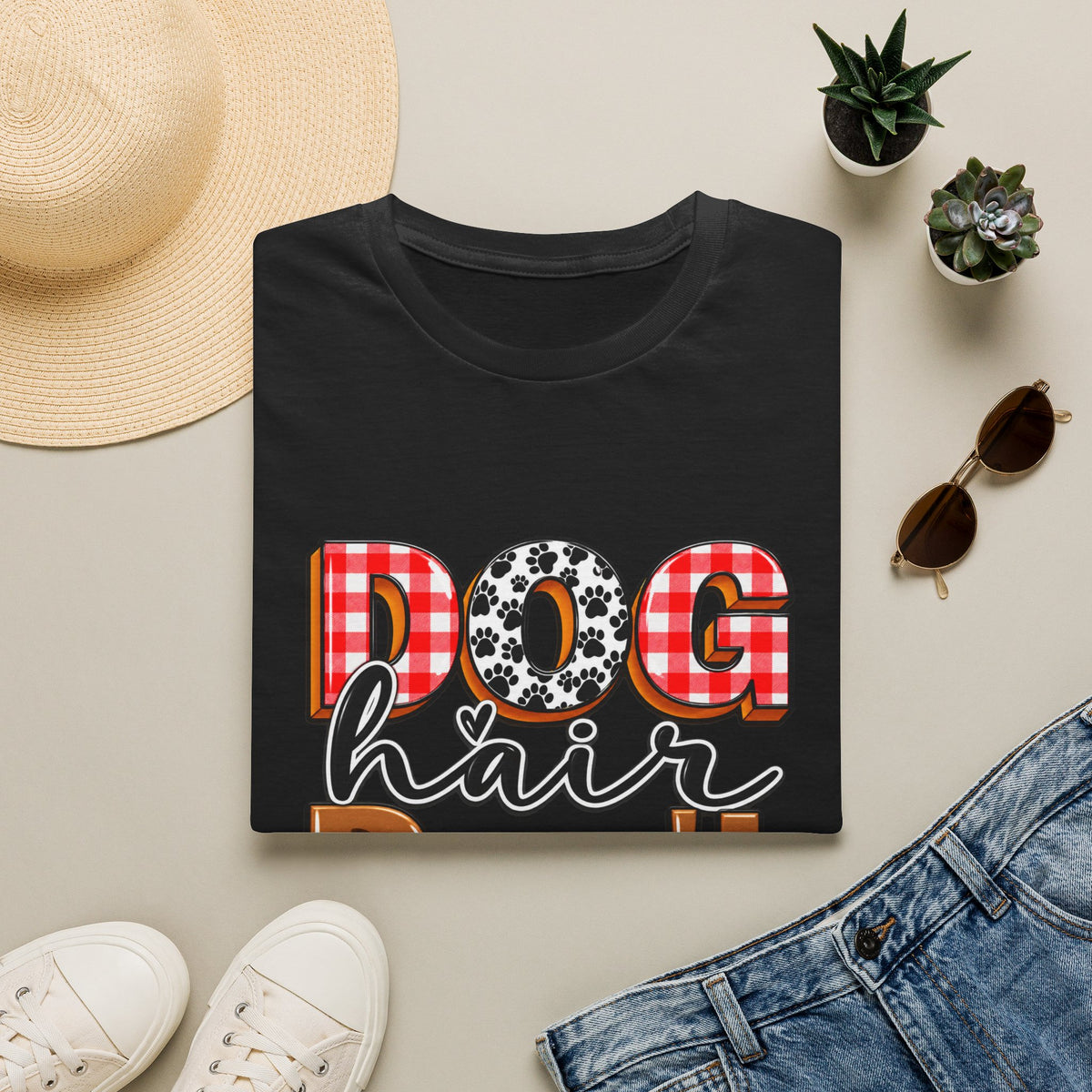 Dog Hair Don't Care T-Shirt — Cute Plaid & Paw Graphic Tee for Dog Lovers