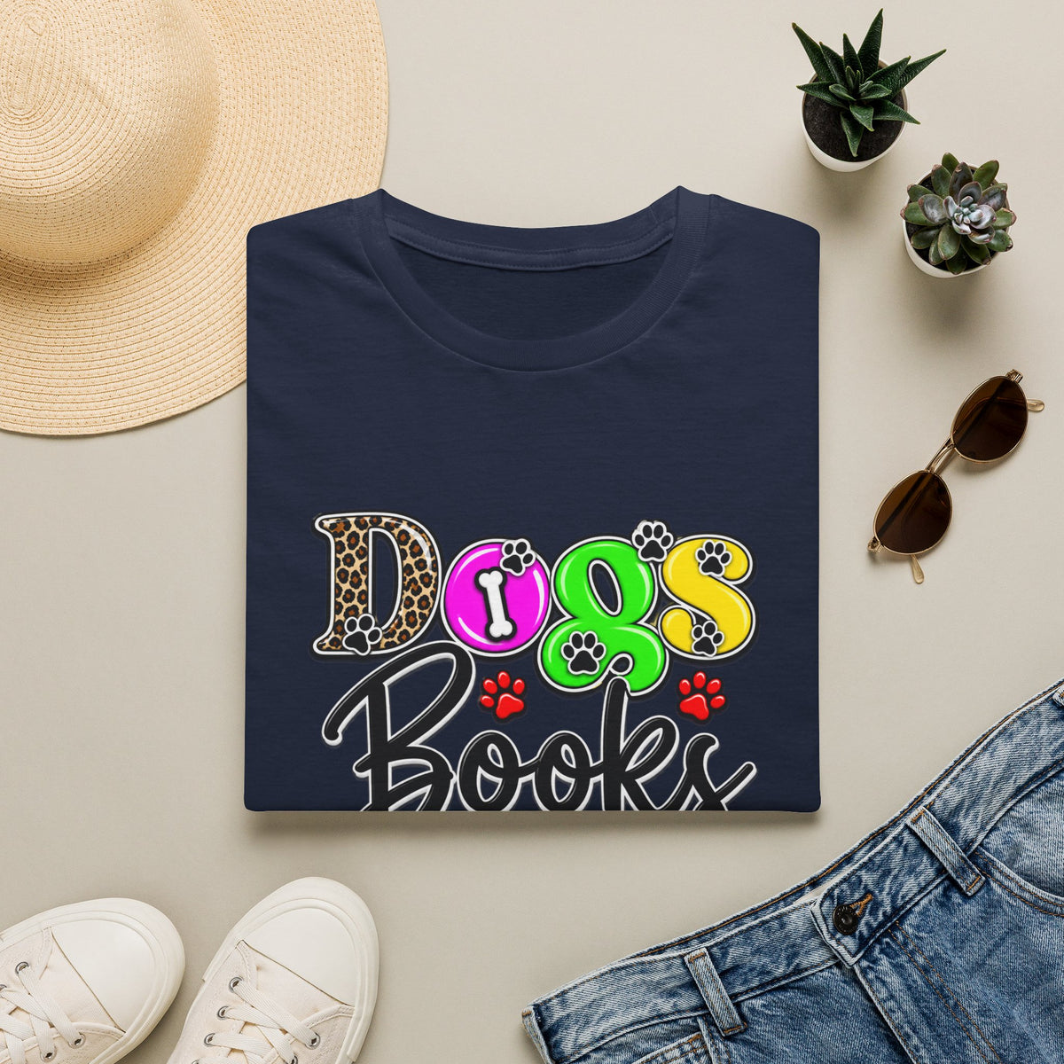 Dogs Books And Coffee T-Shirt — Colorful Paw Print Graphic Tee for Dog Lovers