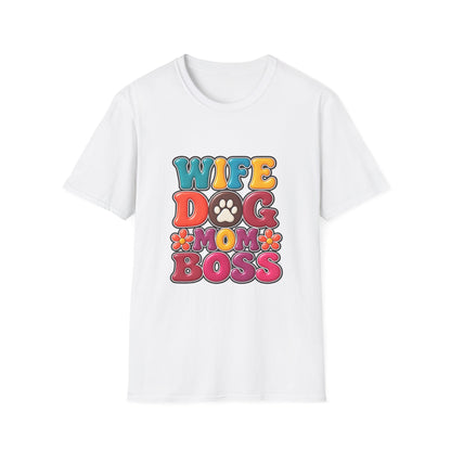 "Wife Dog Mom Boss" Colorful Paw Print Tee