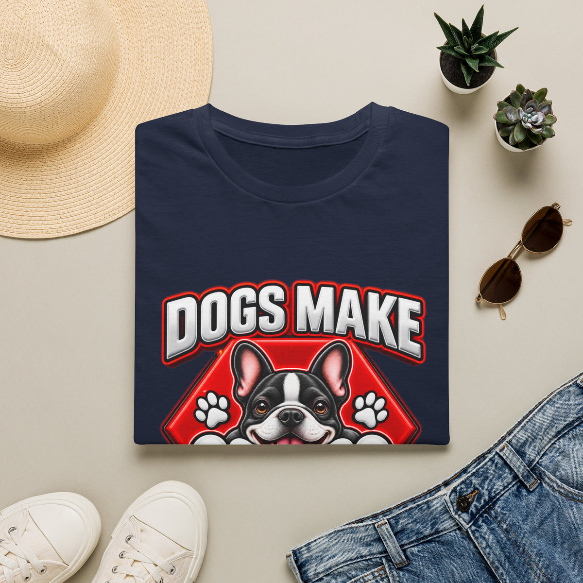 Dogs Make Me Happy T-Shirt - Cute French Bulldog Pet Lover Tee