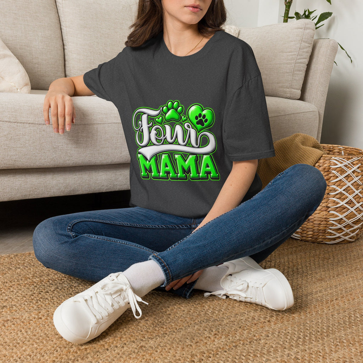 Dog Mama T-Shirt — "Fur Mama" Green Paw Print Tee