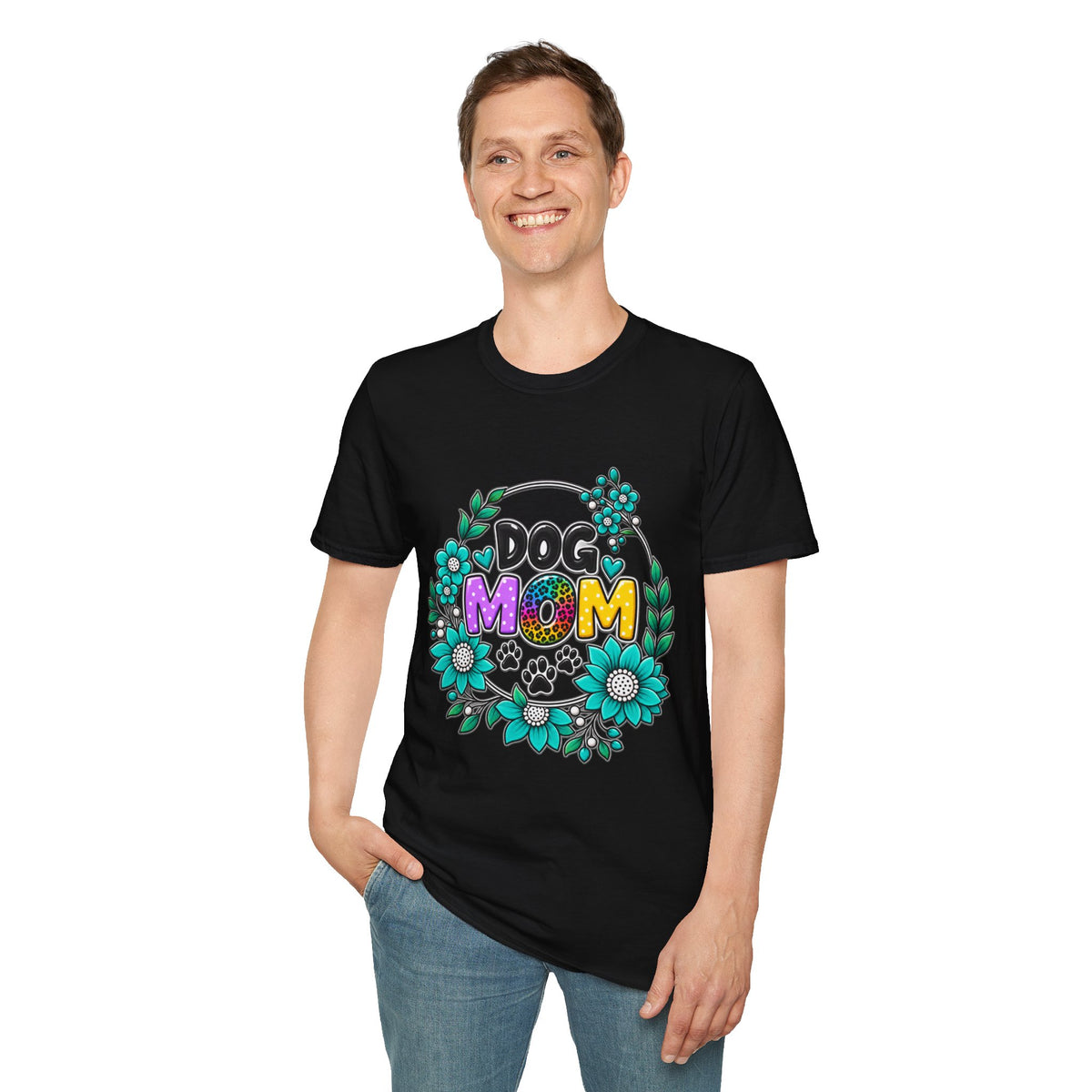Dog Mom T-Shirt — Colorful Floral Paw Print Tee for Pet Lovers