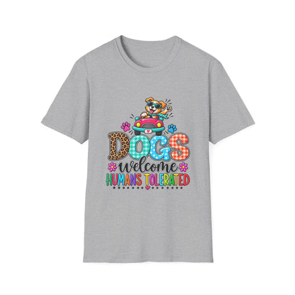 Dogs Welcome Graphic T-Shirt — Cute Puppy Car Design