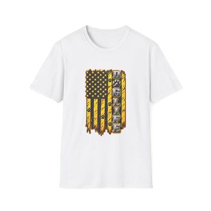 JCB Life Graphic T‑Shirt — Distressed Yellow American Flag Tractor Pride