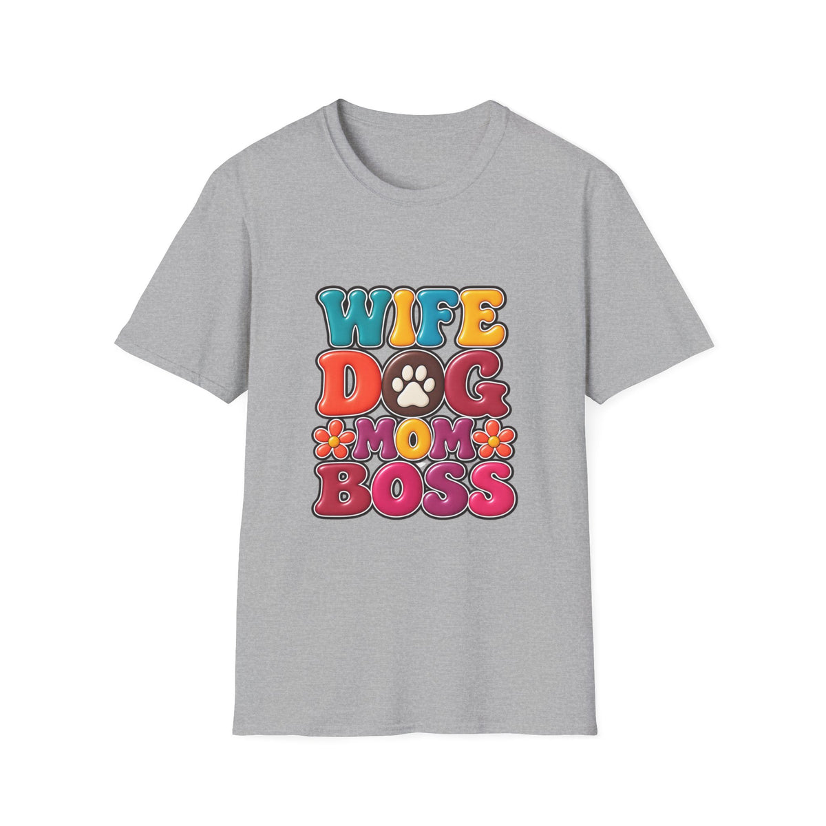 "Wife Dog Mom Boss" Colorful Paw Print Tee
