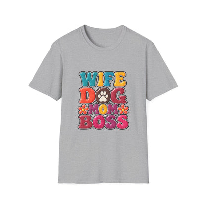 "Wife Dog Mom Boss" Colorful Paw Print Tee