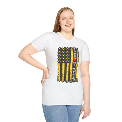 Love Paw Flag T-Shirt — Yellow Distressed American Flag with Paw Print & Heart
