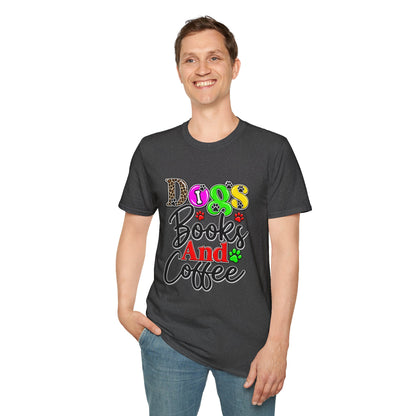 Dogs Books And Coffee T-Shirt — Colorful Paw Print Graphic Tee for Dog Lovers