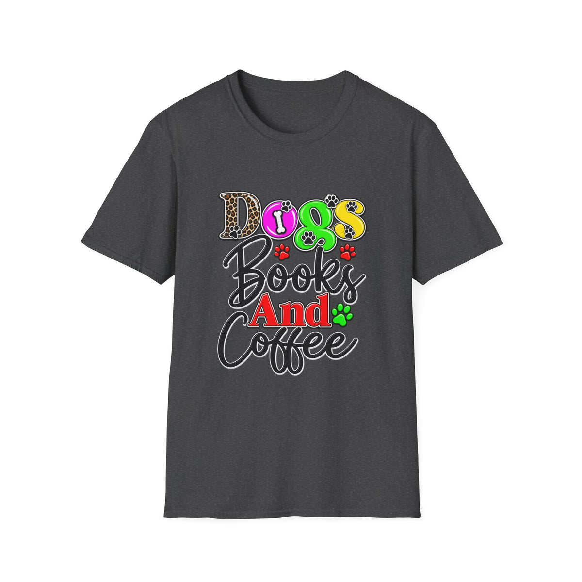 Dogs Books And Coffee T-Shirt — Colorful Paw Print Graphic Tee for Dog Lovers