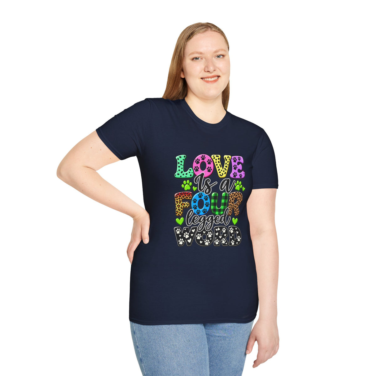 Love Is a Four-Legged Word T-Shirt — Colorful Paw Print Pet Lover Tee