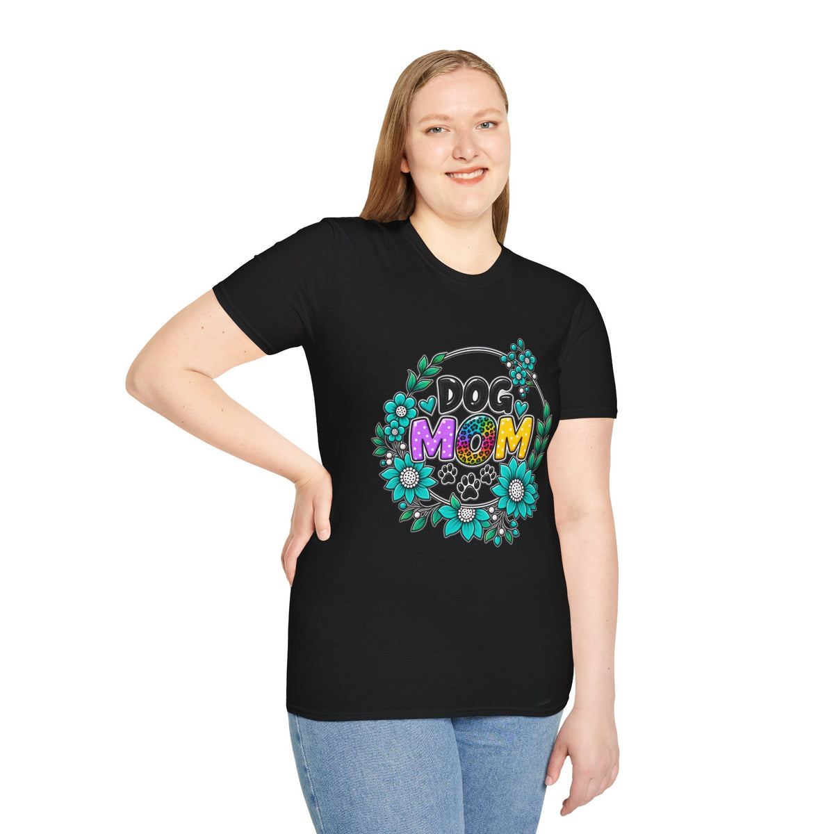 Dog Mom T-Shirt — Colorful Floral Paw Print Tee for Pet Lovers