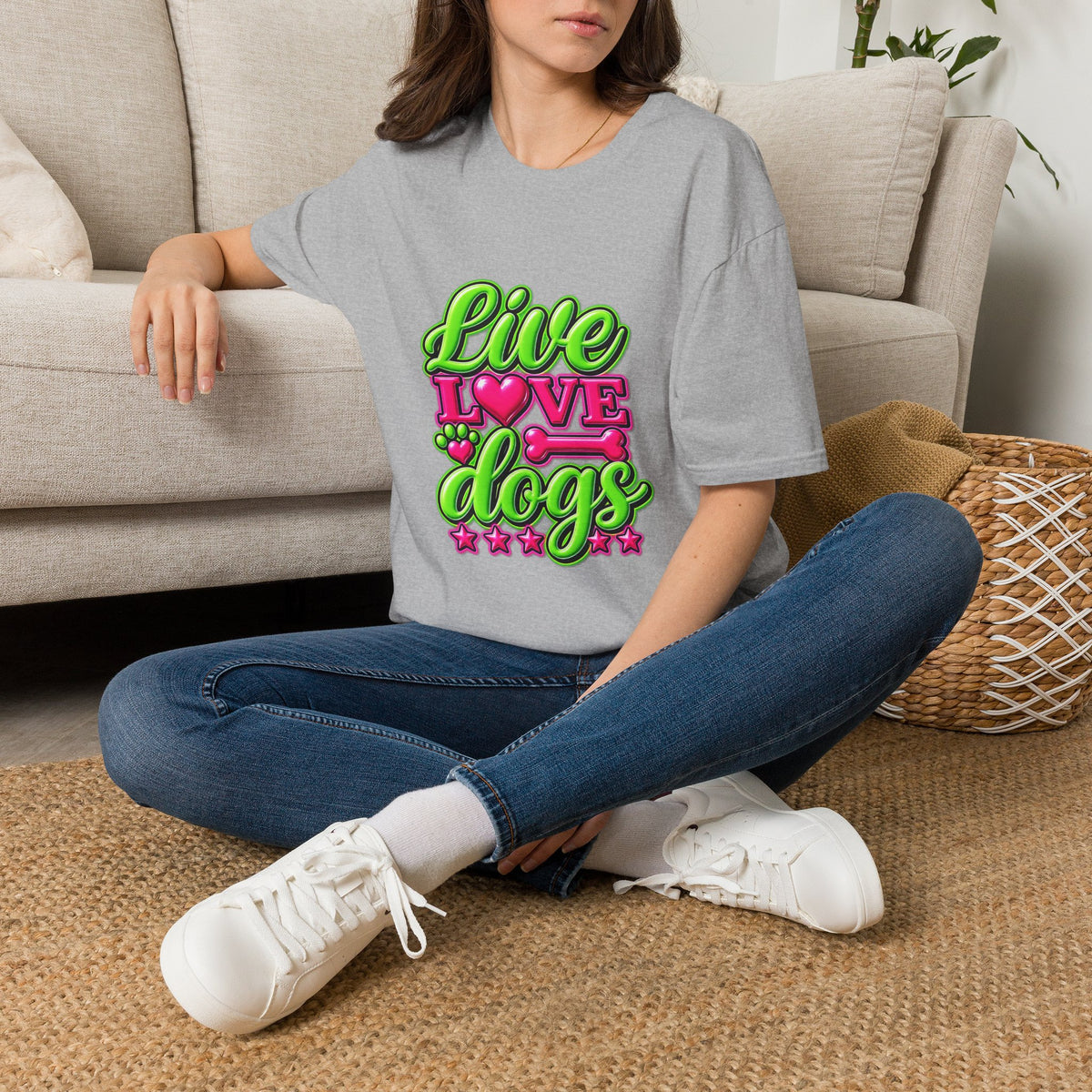 Live Love Dogs T-Shirt — Bright Neon Paw Graphic Tee