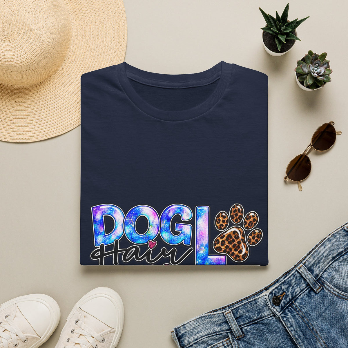 Dog Mom T-Shirt - "Dog Hair Don’t Care" Leopard Paw Graphic