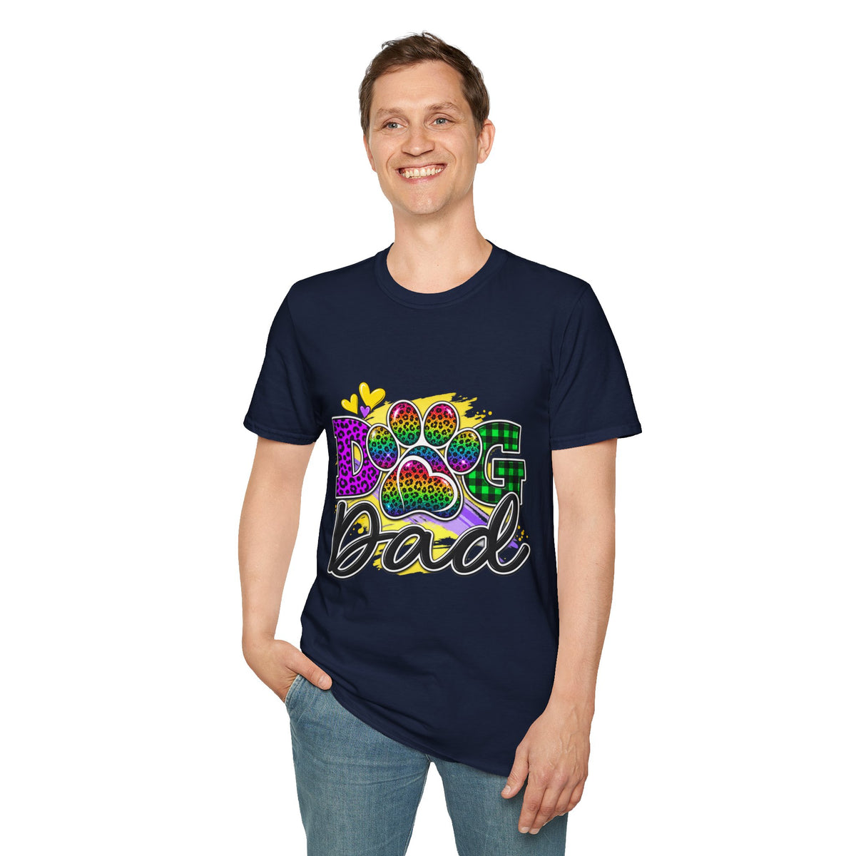 Dog Dad T‑Shirt — Colorful Leopard Paw Graphic Tee for Pet Lovers