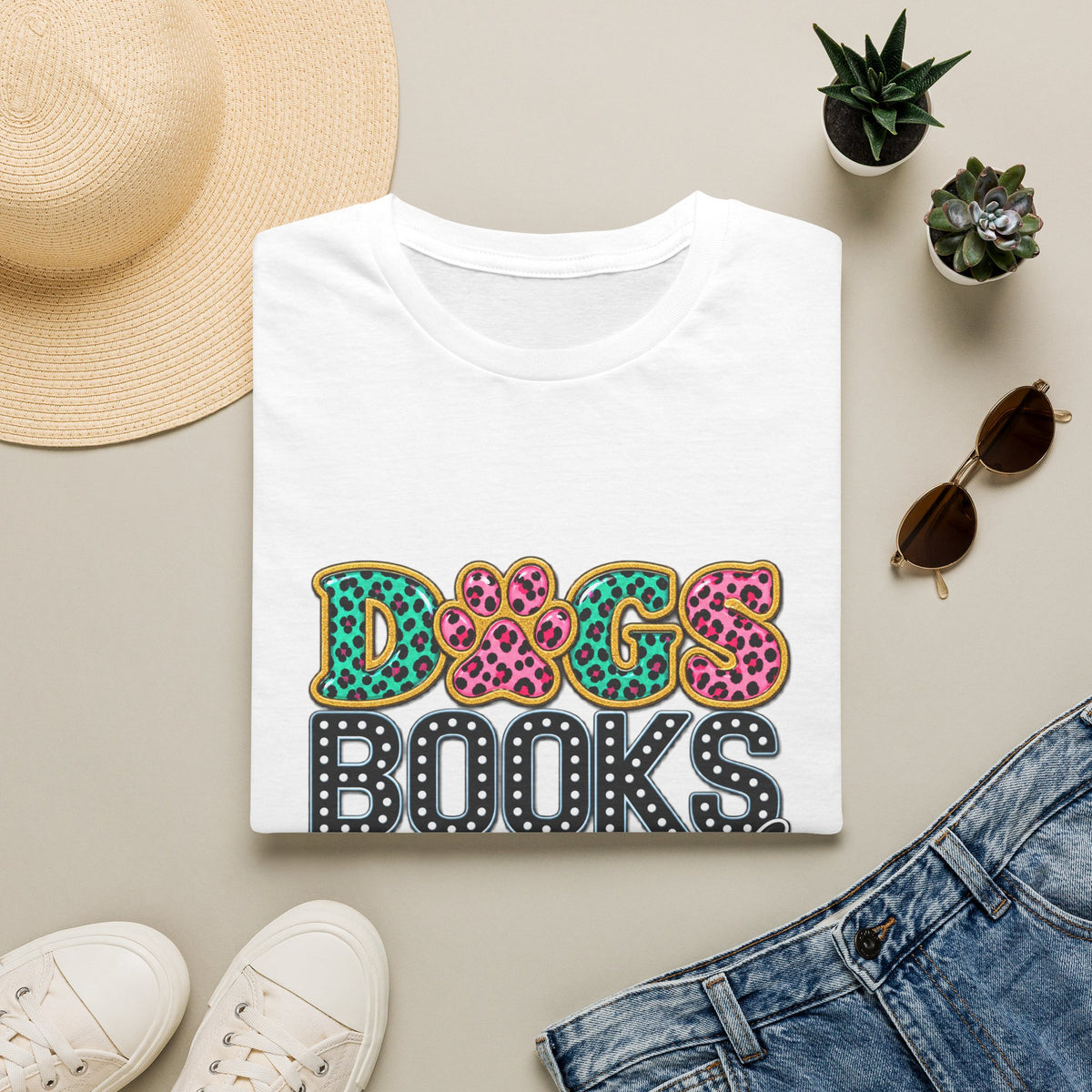 Dogs, Books and Coffee T-Shirt — Leopard Paw Typography Tee for Dog Lovers & Bookworms