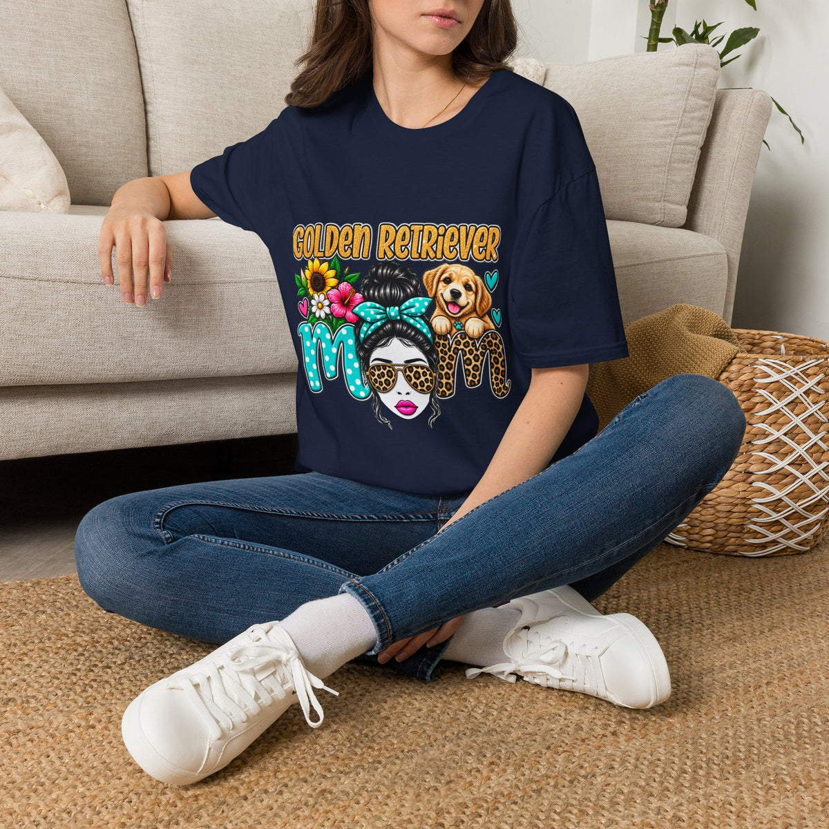 Golden Retriever Mom T-Shirt — Floral Messy Bun Dog Lover Tee