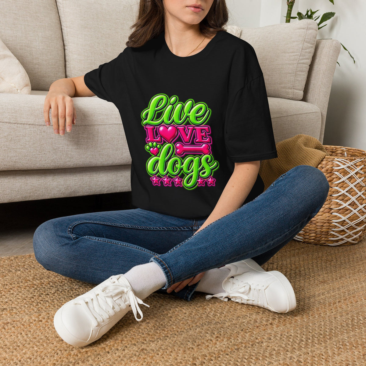 Live Love Dogs T-Shirt — Bright Neon Paw Graphic Tee