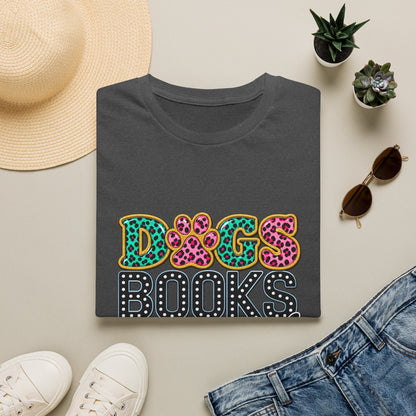 Dogs, Books and Coffee T-Shirt — Leopard Paw Typography Tee for Dog Lovers & Bookworms