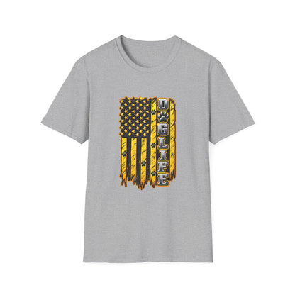 JCB Life Graphic T‑Shirt — Distressed Yellow American Flag Tractor Pride