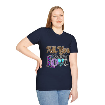 T-Shirt — "All You Need Is Love" Retro Leopard & Neon Heart Graphic Tee