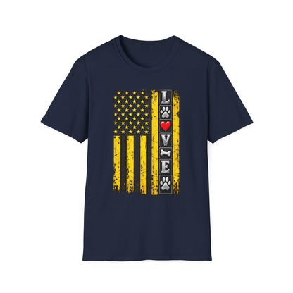 Love Paw Flag T-Shirt — Yellow Distressed American Flag with Paw Print & Heart
