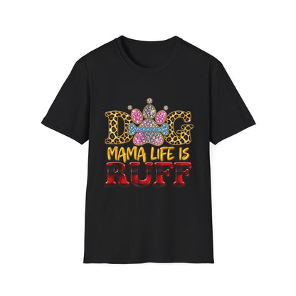 Dog T-Shirt — "Mama Life Is Ruff" Leopard Paw Bling Crew Tee