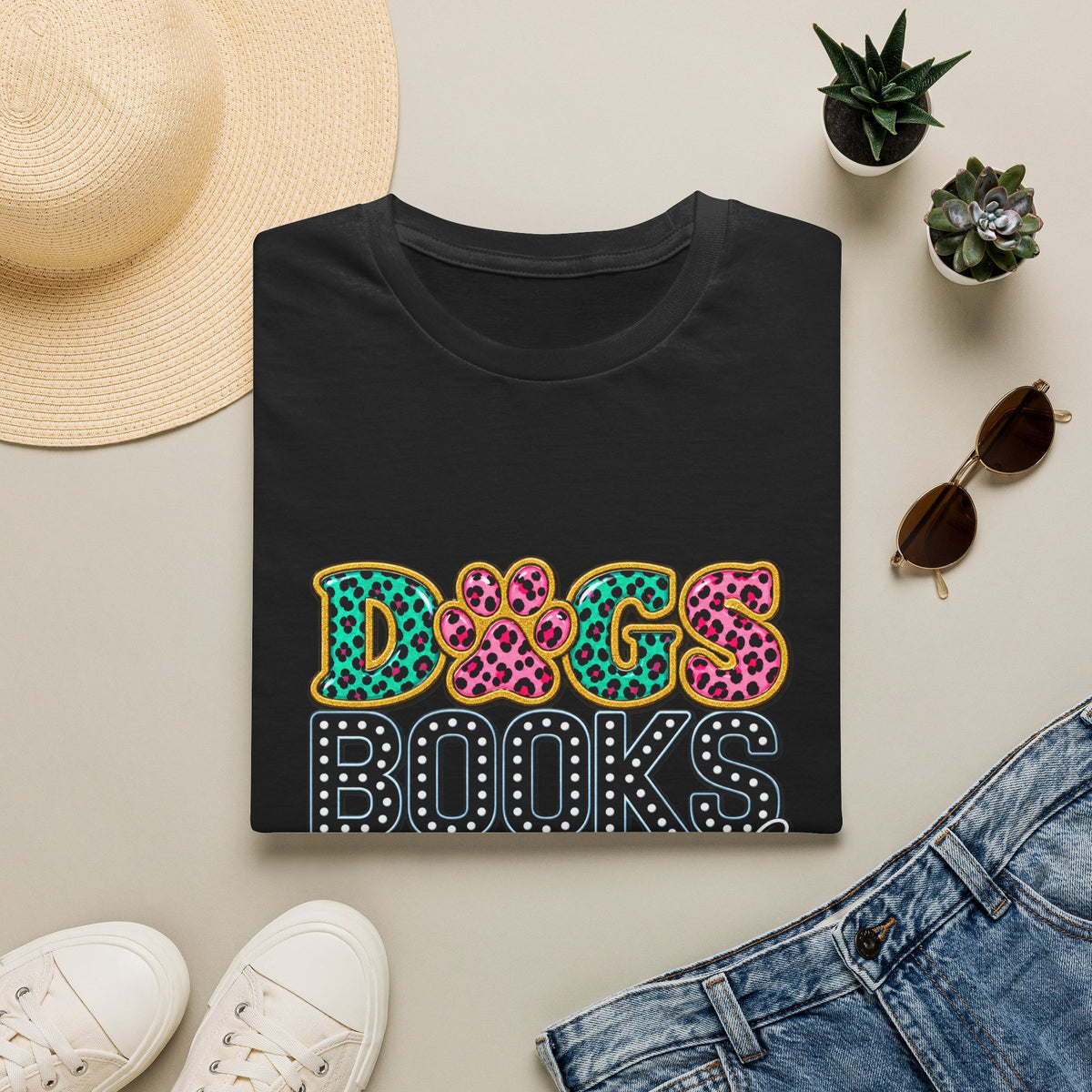 Dogs, Books and Coffee T-Shirt — Leopard Paw Typography Tee for Dog Lovers & Bookworms