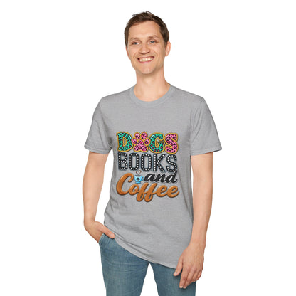 Dogs, Books and Coffee T-Shirt — Leopard Paw Typography Tee for Dog Lovers & Bookworms