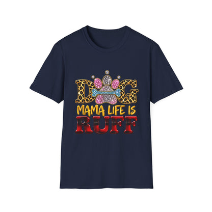 Dog T-Shirt — "Mama Life Is Ruff" Leopard Paw Bling Crew Tee
