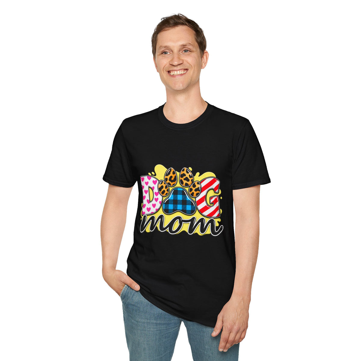 Dog Mom T‑Shirt — Colorful Paw Print Design