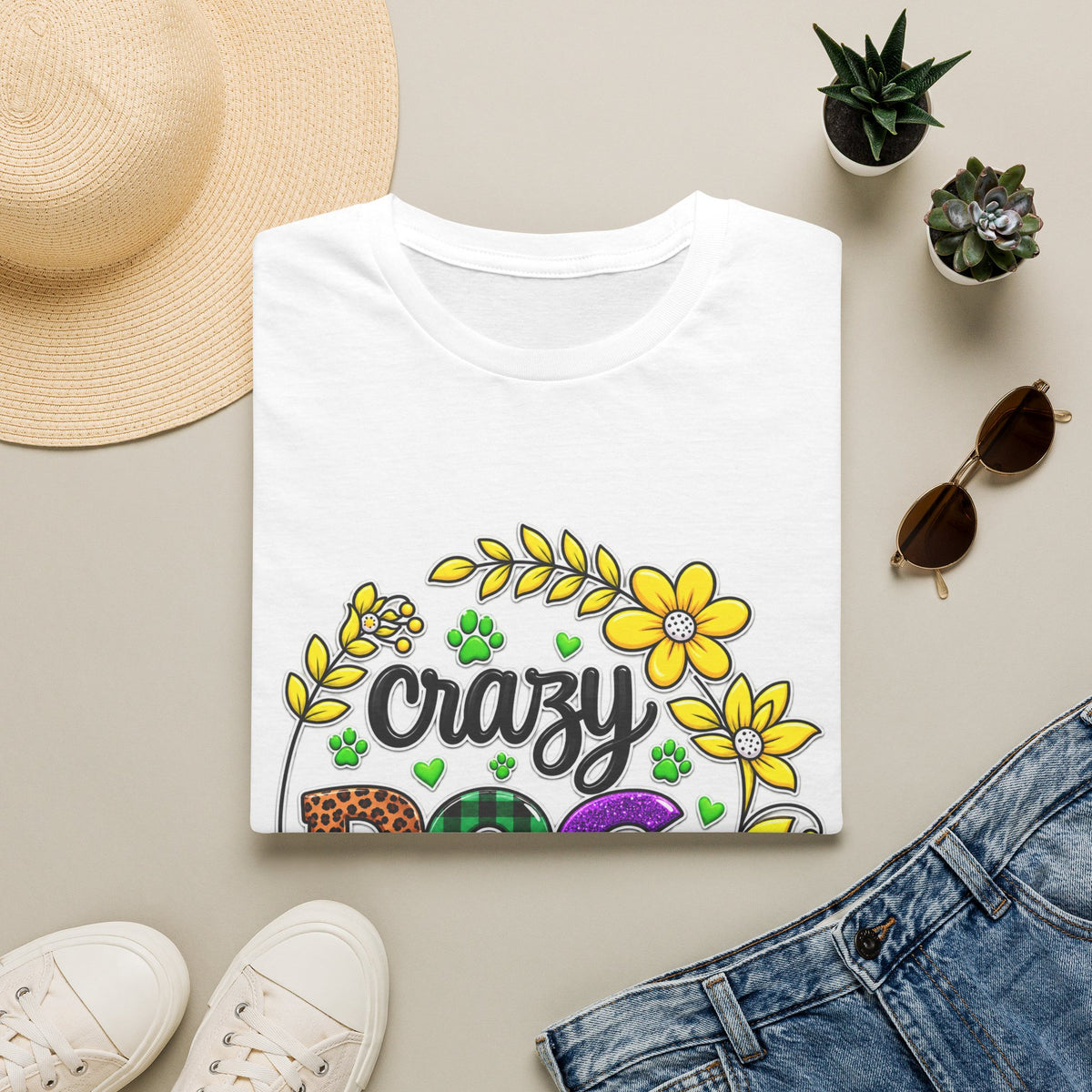 Crazy Dog Lady T-Shirt — Floral Paw Print Women's Tee