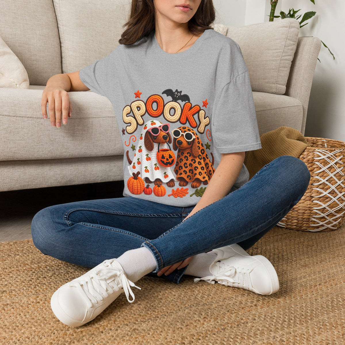 Spooky Halloween T‑Shirt — Cute Pumpkins, Bat & Leopard Print Ghosts