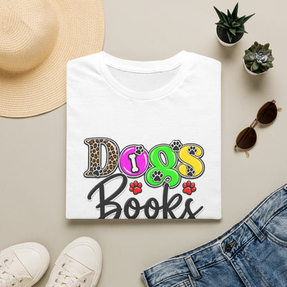Dogs Books And Coffee T-Shirt — Colorful Paw Print Graphic Tee for Dog Lovers