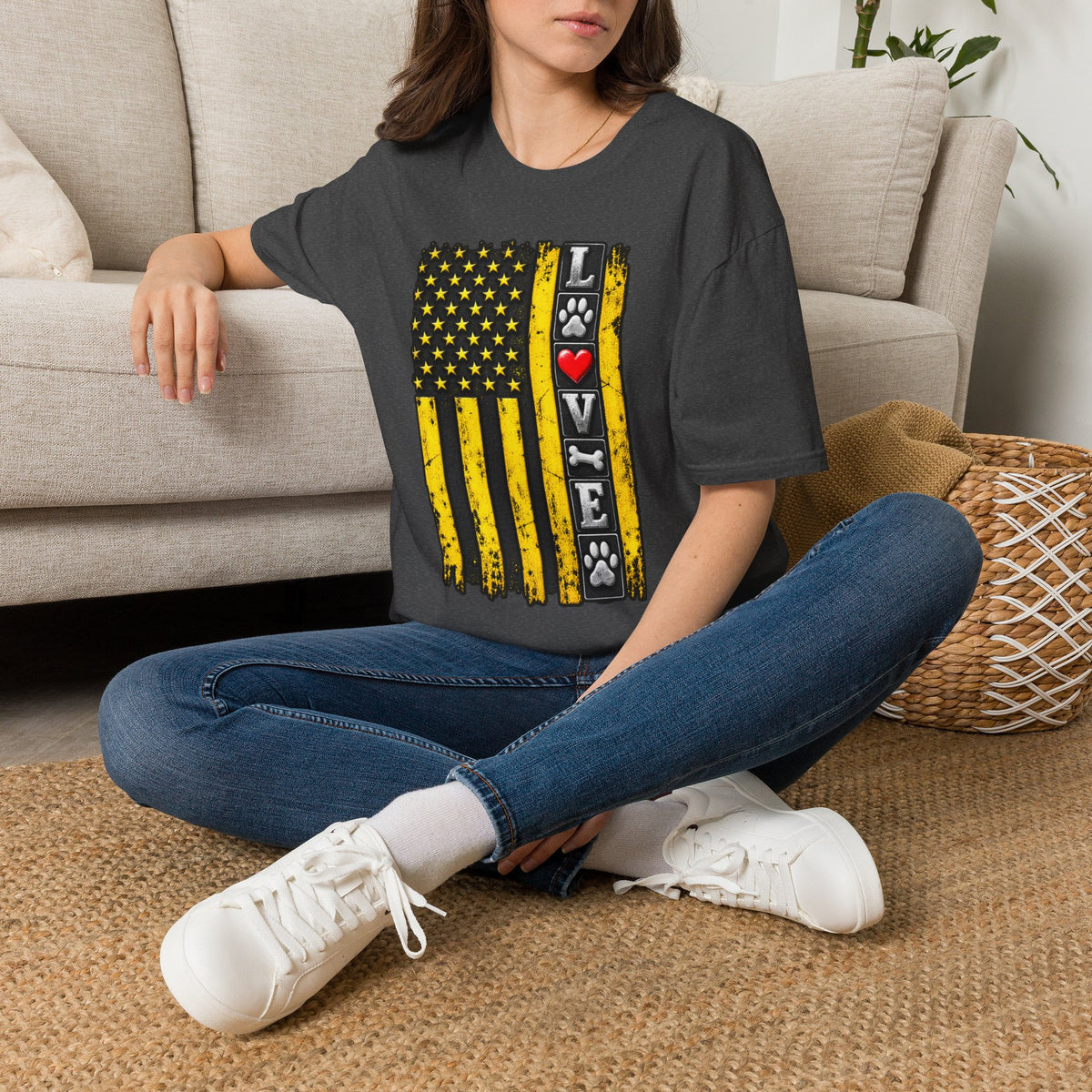 Love Paw Flag T-Shirt — Yellow Distressed American Flag with Paw Print & Heart