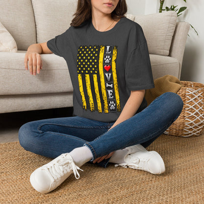 Love Paw Flag T-Shirt — Yellow Distressed American Flag with Paw Print & Heart