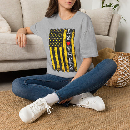Love Paw Flag T-Shirt — Yellow Distressed American Flag with Paw Print & Heart