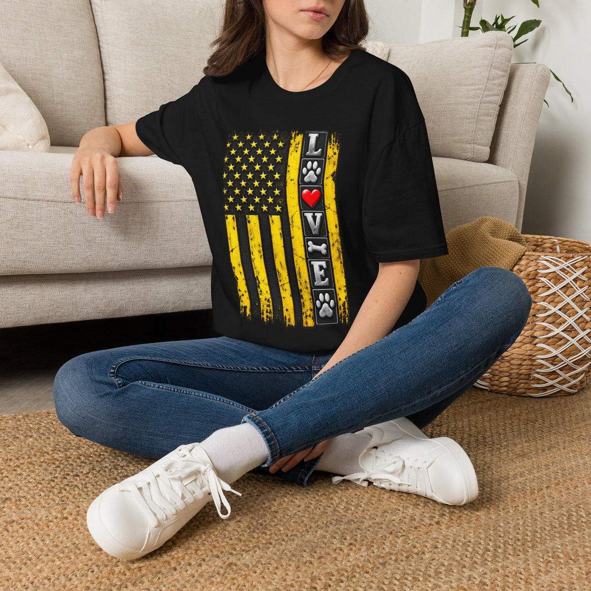 Love Paw Flag T-Shirt — Yellow Distressed American Flag with Paw Print & Heart