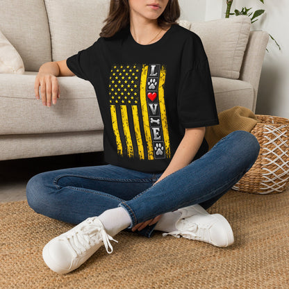 Love Paw Flag T-Shirt — Yellow Distressed American Flag with Paw Print & Heart