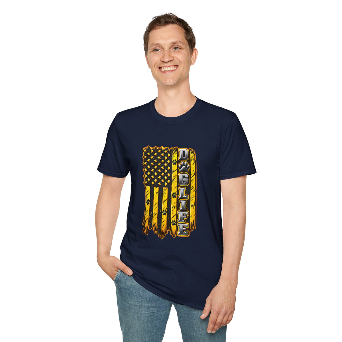 JCB Life Graphic T‑Shirt — Distressed Yellow American Flag Tractor Pride