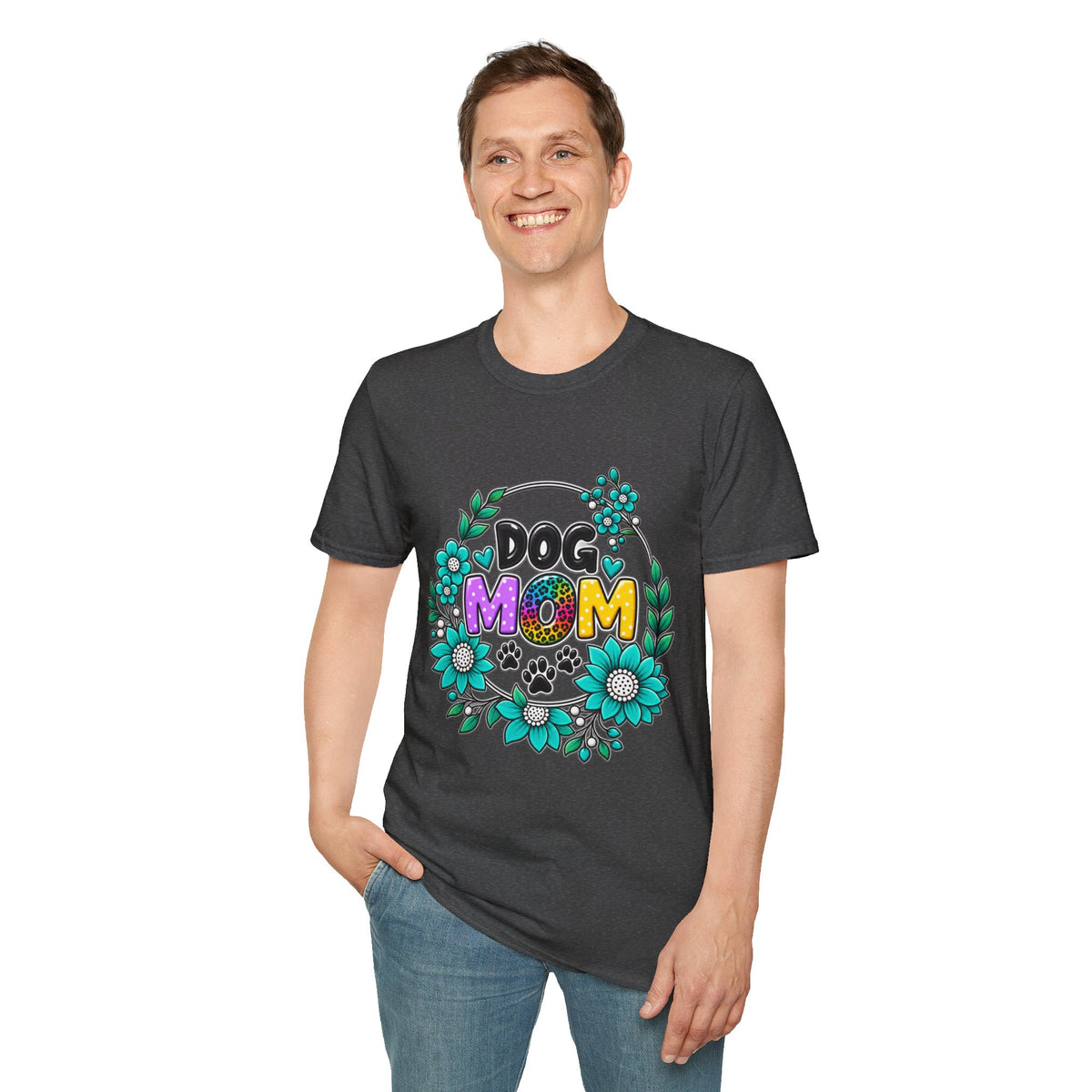 Dog Mom T-Shirt — Colorful Floral Paw Print Tee for Pet Lovers