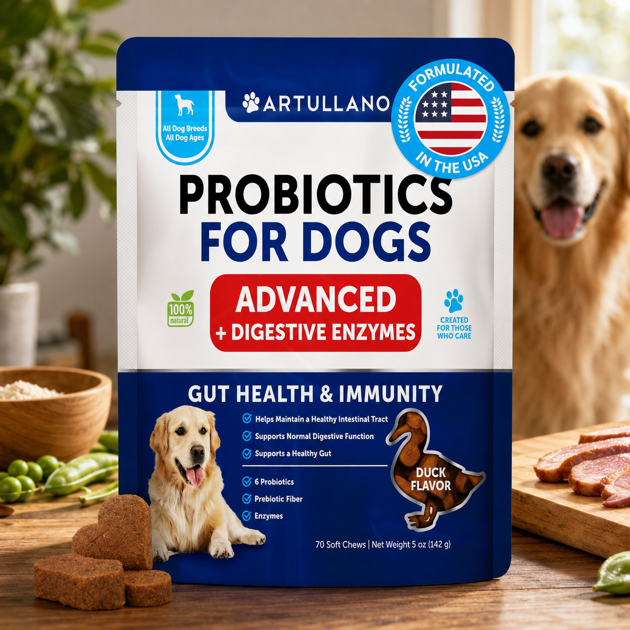 A package of Artullano Probiotics for Dogs Advanced + Digestive Enzymes duck flavor soft chews, shown on a wooden table with dog treats and a golden retriever in the background.